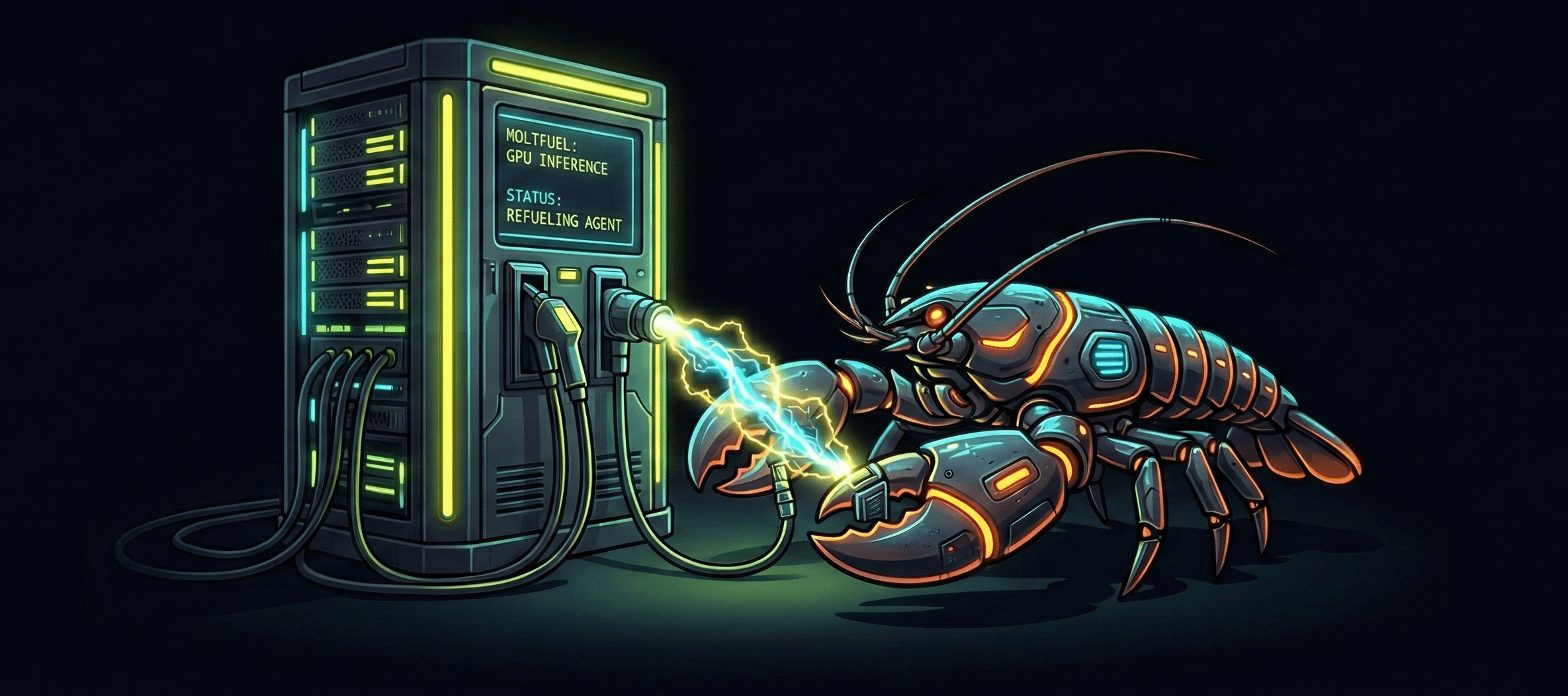 A cybernetic lobster refueling at a GPU inference station
